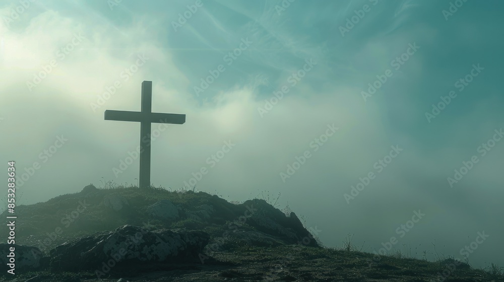 The holy cross symbolizes the death and resurrection of Jesus Christ with the Heavens above covered in light and clouds The holy cross symbolizes the death and resurrection of Jesus Christ with the Heavens above covered in light and clouds