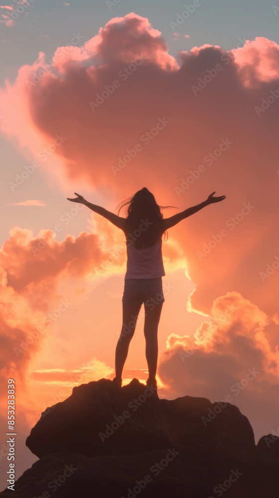 A silhouette of a woman standing with her arms outstretched on a rock cliff against a vibrant sunset sky A silhouette of a woman standing with her arms outstretched on a rock cliff against a vibrant sunset sky