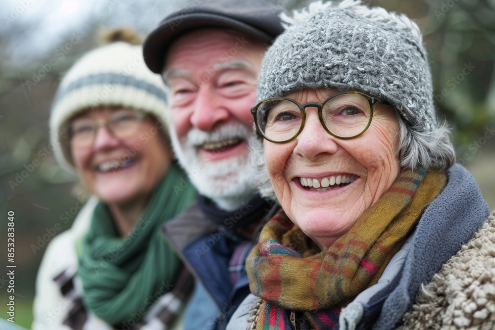 Portrait of happy senior couple in winter clothes outdoors. Focus on woman Portrait of happy senior couple in winter clothes outdoors. Focus on woman