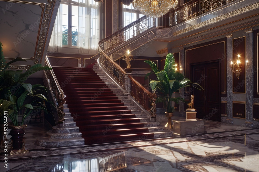 Regal golden Carpet Staircase with Ornate Golden railing, luxury Interior design Regal golden Carpet Staircase with Ornate Golden railing, luxury Interior design