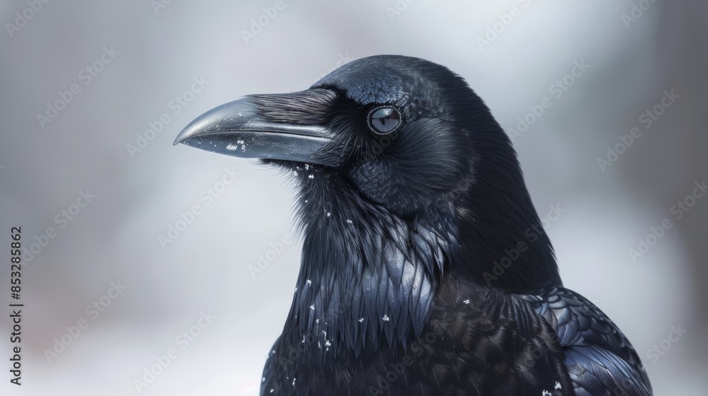 Fototapeta premium Black crow with closed beak and open eyes.