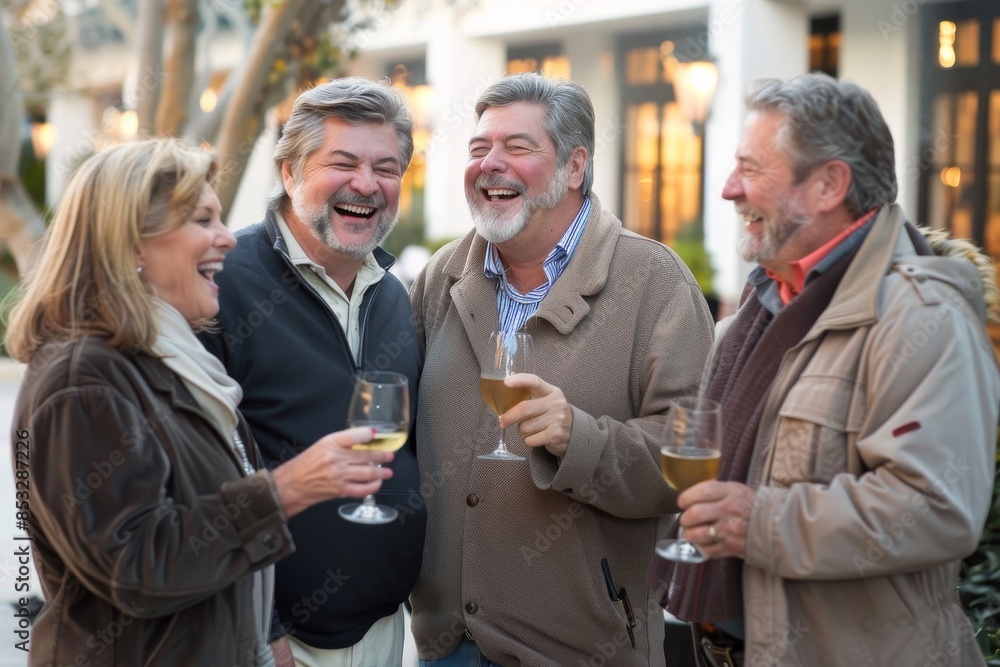 Group of senior friends toasting with glasses of wine in the street Group of senior friends toasting with glasses of wine in the street