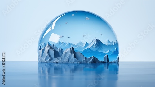 A snowglobe encapsulating a serene, detailed miniature landscape featuring snowy mountainous scenery, encased within a clear glass dome set against a reflective surface. photo