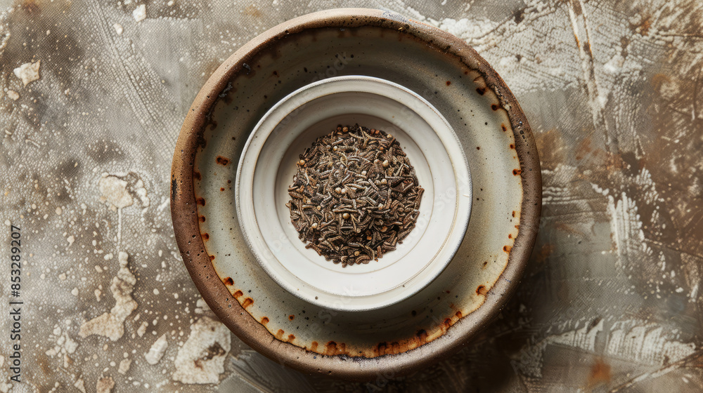 small saucer with dried burnet spice small saucer with dried burnet spice