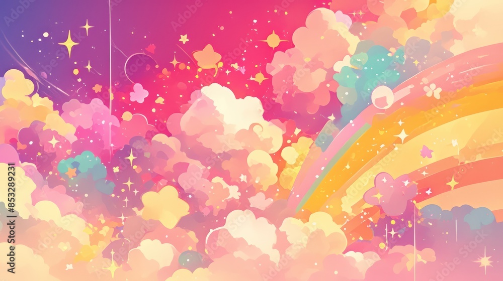 Colorful Clouds and Glitter Stars in Pastel Dream Background Colorful Clouds and Glitter Stars in Pastel Dream Background
