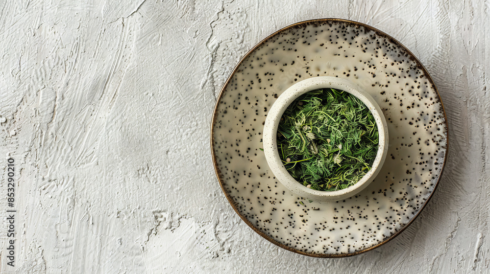 small saucer with dried dill spice small saucer with dried dill spice