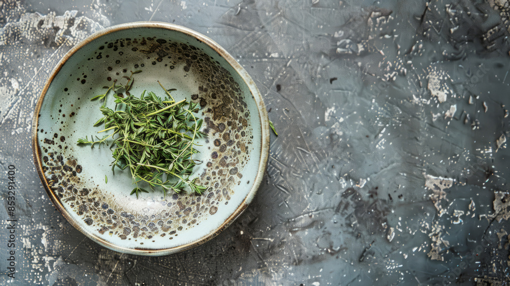 small saucer with dried tarragon spice small saucer with dried tarragon spice