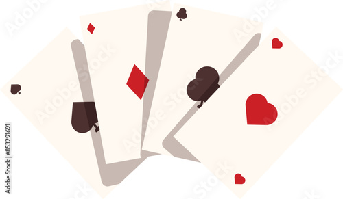 Four aces from a deck of standard playing cards fanned out showing each different suit