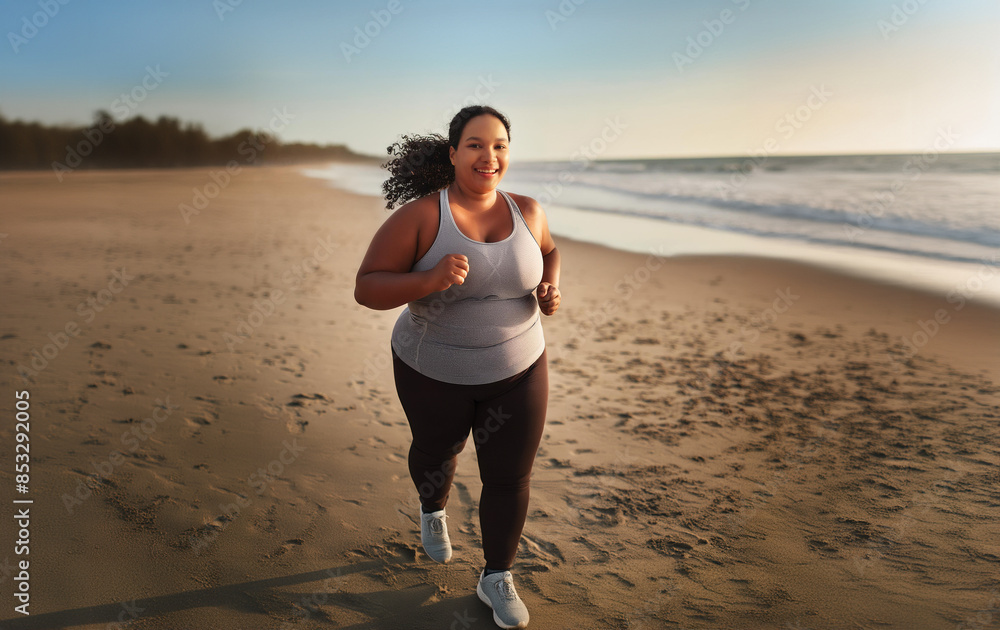 Overweight, happy, woman, running on the beach to help with weight loss, with ocean in background. Exercise and healthy lifestyle. Overweight, happy, woman, running on the beach to help with weight loss, with ocean in background. Exercise and healthy lifestyle.