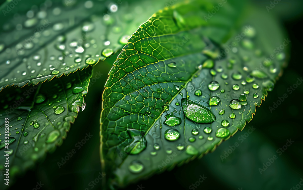 Water drops on green leafs, close up of water droplets and dew on leaves Water drops on green leafs, close up of water droplets and dew on leaves