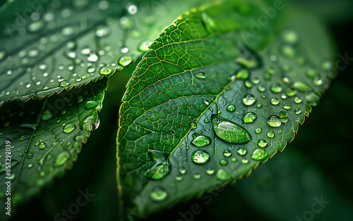 Water drops on green leafs, close up of water droplets and dew on leaves