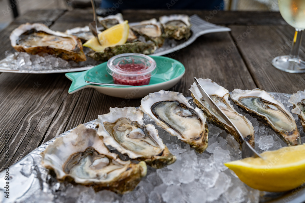 Eating of fresh live oysters with citron at farm cafe in oyster-farming village, Arcachon bay, Gujan-Mestras port, Bordeaux, France in sunny day, huge oyster Eating of fresh live oysters with citron at farm cafe in oyster-farming village, Arcachon bay, Gujan-Mestras port, Bordeaux, France in sunny day, huge oyster
