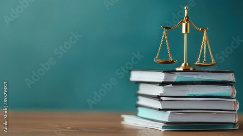 A stack of books with a gold scale on top