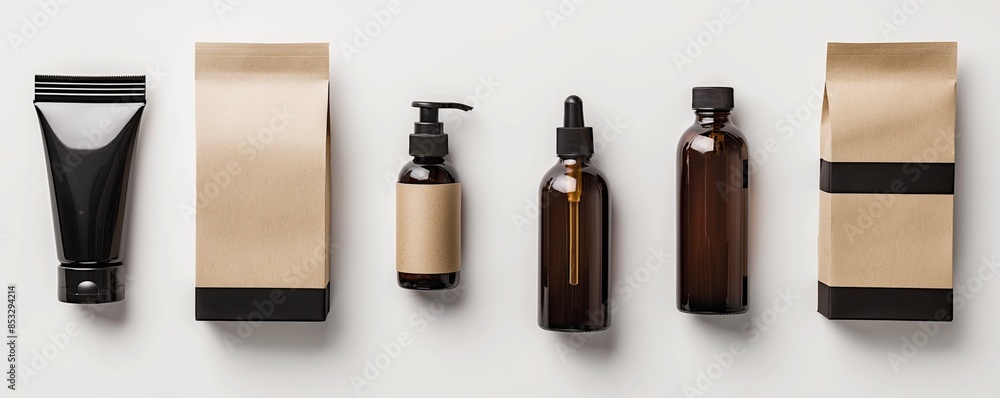 Obraz premium A set of cosmetic packaging tubes with blank labels on a plain background, suitable for branding mockups