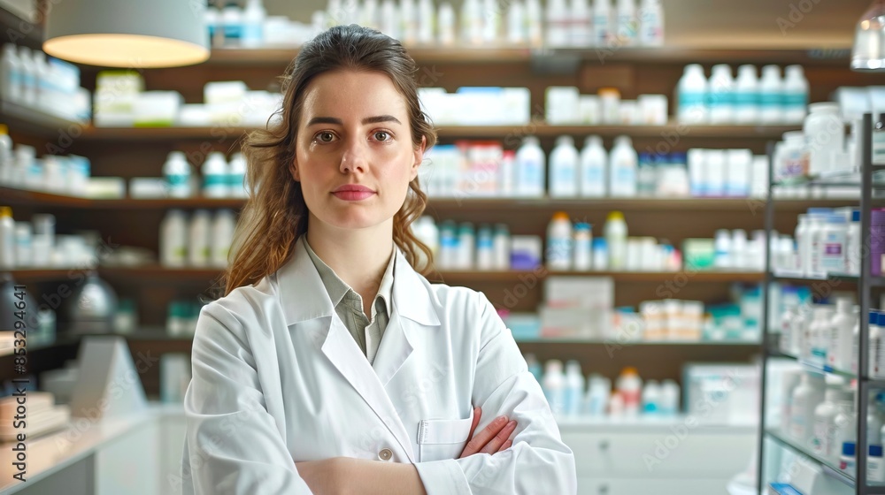 Confident female pharmacist stands proudly in a modern pharmacy. Professional attire with shelves of medicines in the background. Ideal for medical, healthcare, and professional themes. AI Confident female pharmacist stands proudly in a modern pharmacy. Professional attire with shelves of medicines in the background. Ideal for medical, healthcare, and professional themes. AI