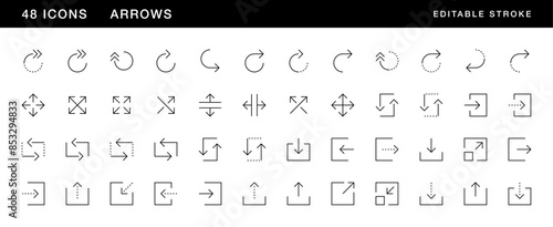 Arrow icon collection. Interface arrows, direction, navigation, right curved, circular arrow, expand, download, upload and more. Editable stroke. Pixel Perfect. Grid base 32 x 32.