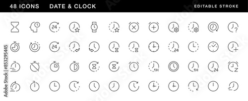 Date and clock icon collection. Time, clock, alarm, appointment, schedule, reminder, timer, stopwatch, hourglass and more. Editable stroke. Pixel Perfect. Grid base 32 x 32. photo