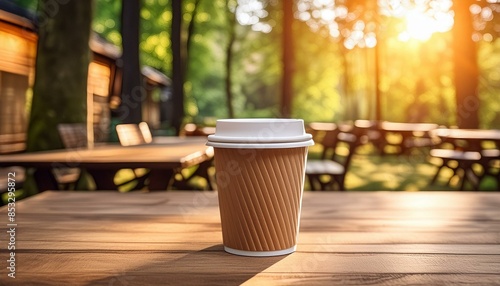 Paper coffee cup in the café to-go, enjoy a hot drink, relax on vacation.