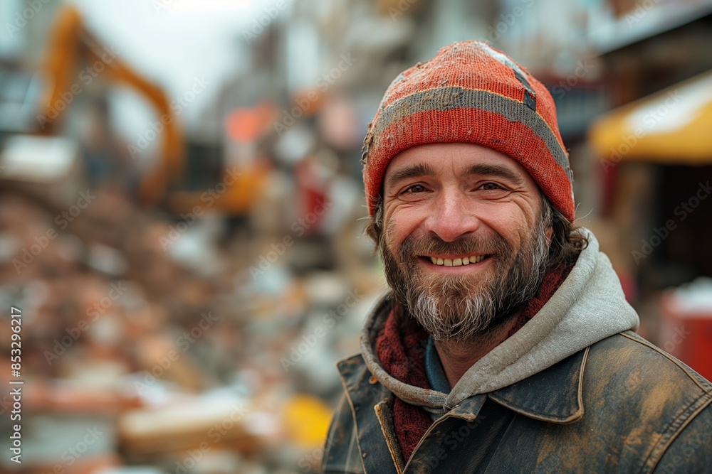 A content construction worker wearing a beanie smiles warmly at a busy work site A content construction worker wearing a beanie smiles warmly at a busy work site