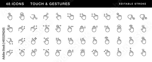 Touch and gestures icon collection. Hand gesture, touch, finger interaction, swipe, slide, finger pointer, tap and more. Editable stroke. Pixel Perfect. Grid base 32 x 32.