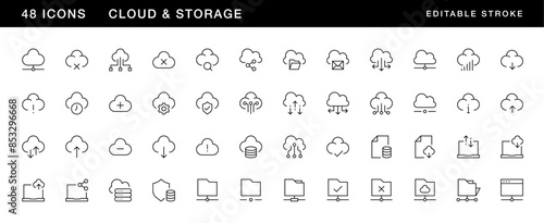 Cloud and storage icon collection. Database, storage, server, computing, system backup, cloud access, remote access and more. Editable stroke. Pixel Perfect. Grid base 32 x 32.