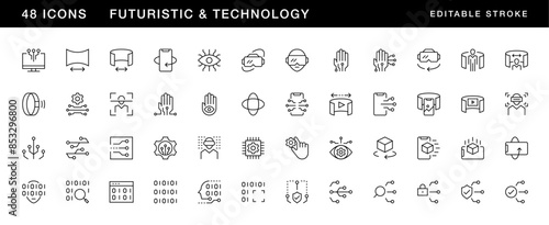 Technology icon collection. Futuristic technology icon set. Smart technology, virtual reality, robotic, electronic, chipset, simulation, automation and more. Editable stroke. Pixel Perfect.