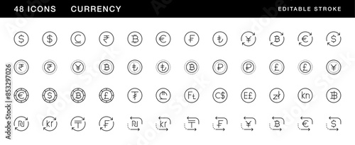 Currency icon collection. Money exchange, dollar, euro, yuan, pound sterling and more. Editable stroke. Pixel Perfect. Grid base 32 x 32.