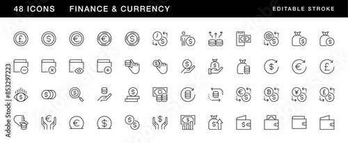 Finance icon collection. Currency icon set. Investment, income, pay, budget, wallet and more. Editable stroke. Pixel Perfect. Grid base 32 x 32.