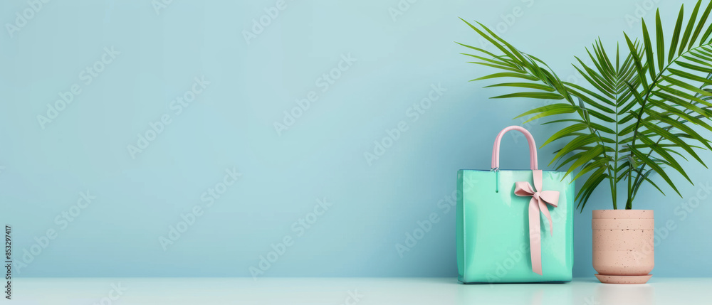 A green purse with a pink bow is on a table next to a potted plant A green purse with a pink bow is on a table next to a potted plant