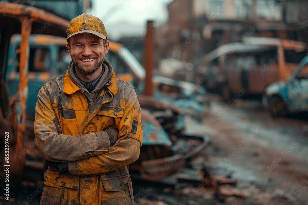 A smiling construction worker in a stained yellow jacket conveys optimism and hard work in a ruined setting A smiling construction worker in a stained yellow jacket conveys optimism and hard work in a ruined setting