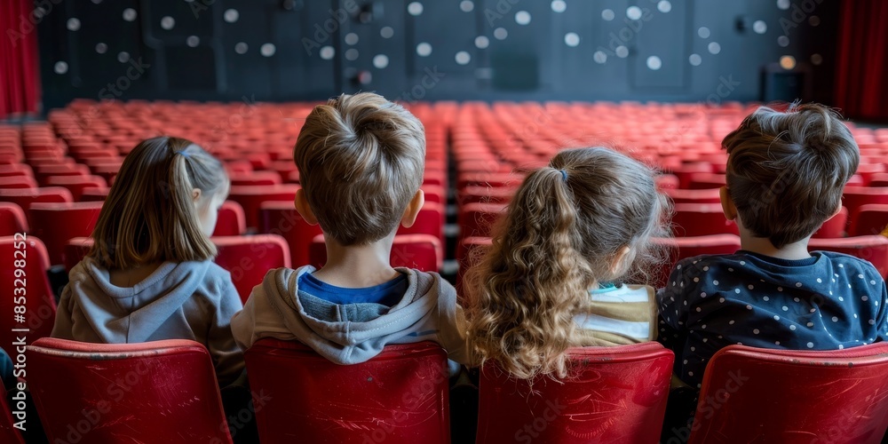 Fototapeta premium Happy children kids watching movie theater cinema wallpaper background