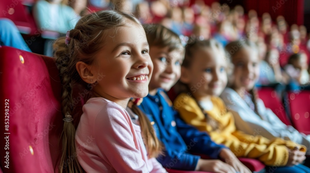 Fototapeta premium Happy children kids watching movie theater cinema wallpaper background