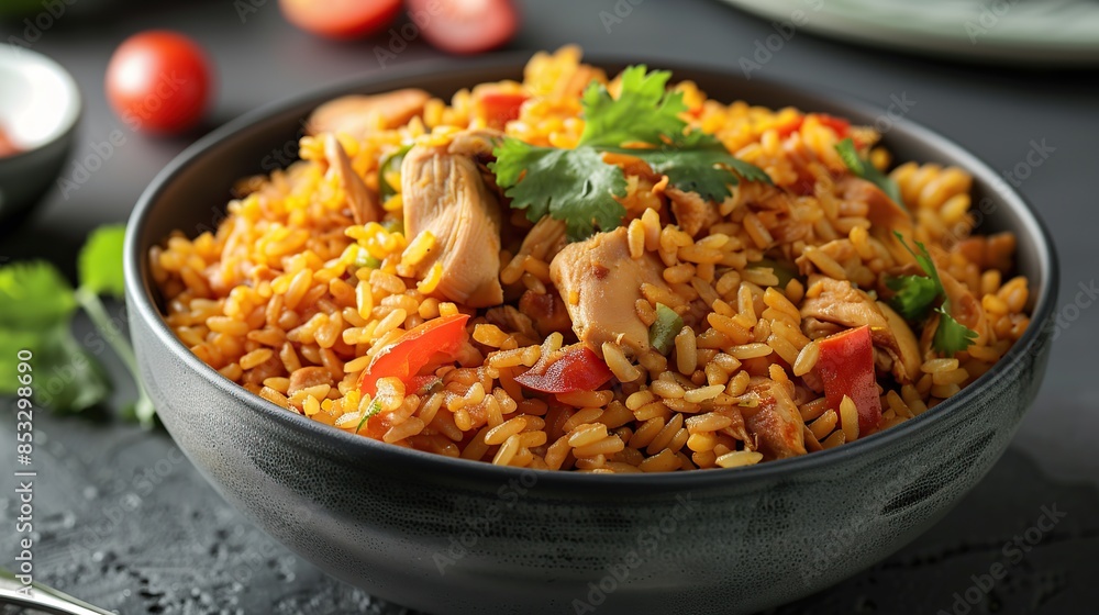 Close-Up of Chicken Fried Rice with Red Pepper Close-Up of Chicken Fried Rice with Red Pepper