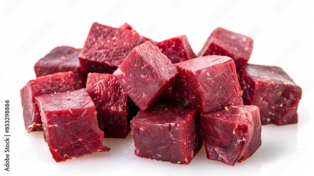Raw meat cubes isolated on white wallpaper background Raw meat cubes isolated on white wallpaper background