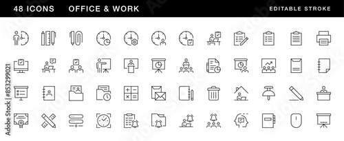 Office and work icon collection. Workplace, work group, team, office tools, time management, documents and more. Editable stroke. Pixel Perfect. Grid base 32 x 32.