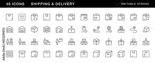 Shipping icon collection. Delivery icon set. Package, box, tracking, supply chain, parcel, container, inventory and more. Editable stroke. Pixel Perfect. Grid base 32 x 32.