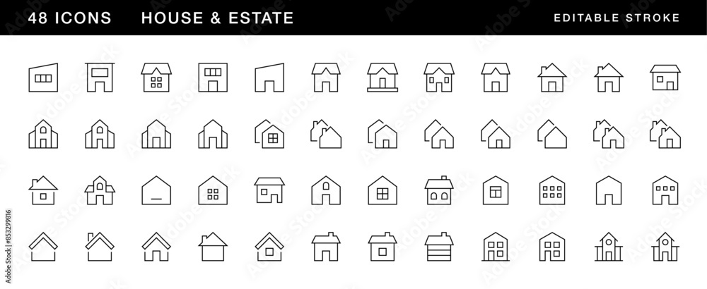 House icon collection. Estate icon set. Townhouse, habitation, cottage, house exterior, premises, rural house and more. Editable stroke. Pixel Perfect. Grid base 32 x 32. House icon collection. Estate icon set. Townhouse, habitation, cottage, house exterior, premises, rural house and more. Editable stroke. Pixel Perfect. Grid base 32 x 32.