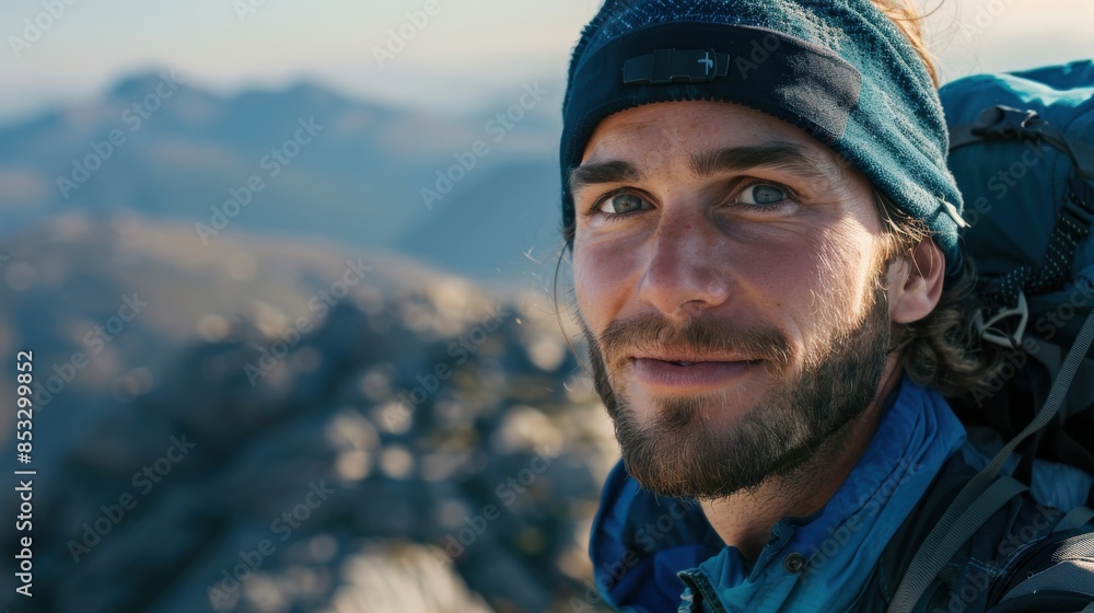 A man with a beard and blue hat is smiling at the camera. He is wearing a backpack and is standing on a mountain A man with a beard and blue hat is smiling at the camera. He is wearing a backpack and is standing on a mountain