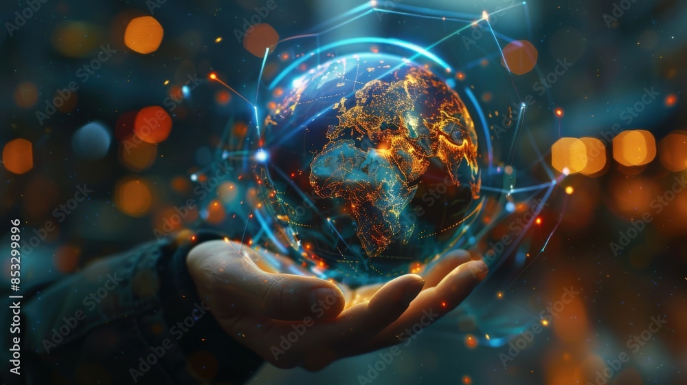 A hand holding a globe with a blue and orange background. The globe is surrounded by a network of lines and dots, giving the impression of a digital world A hand holding a globe with a blue and orange background. The globe is surrounded by a network of lines and dots, giving the impression of a digital world