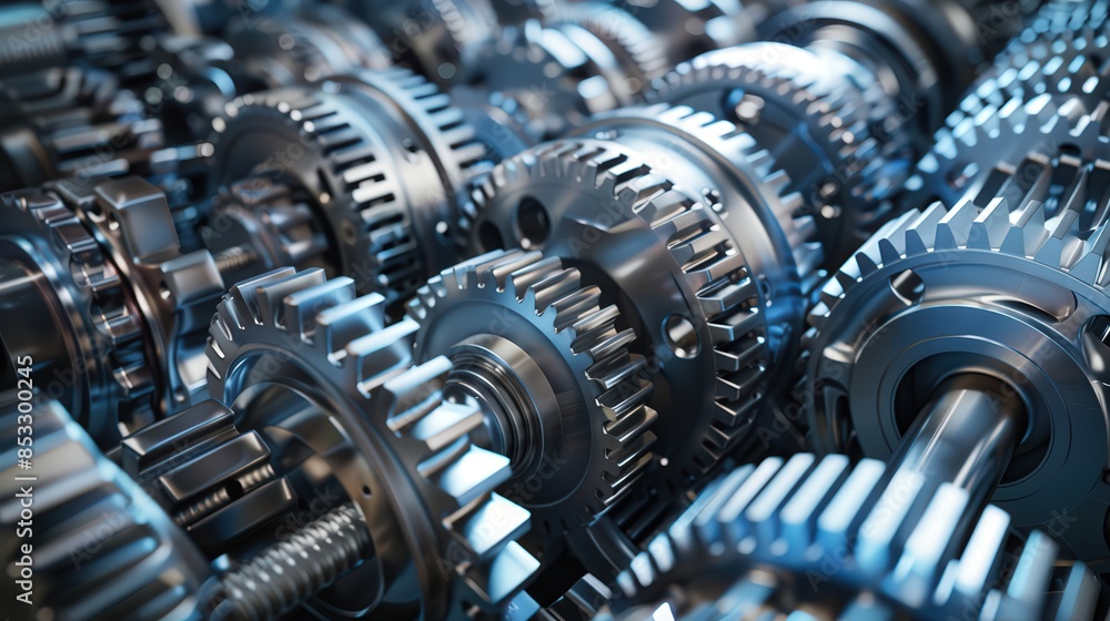 A close up of a bunch of gears with a metallic look. The gears are all different sizes and shapes, but they all have a similar appearance. Concept of industrial machinery and technology A close up of a bunch of gears with a metallic look. The gears are all different sizes and shapes, but they all have a similar appearance. Concept of industrial machinery and technology