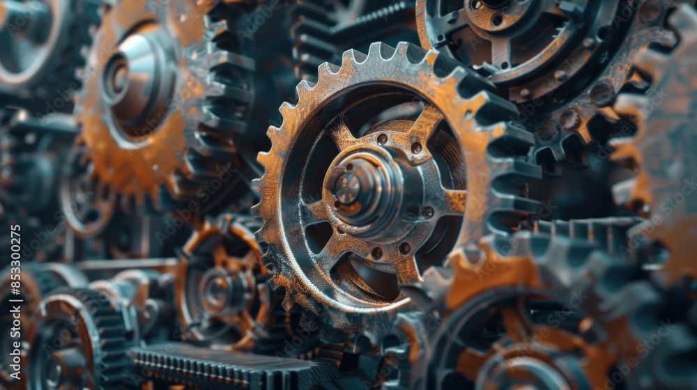 A close up of a bunch of gears with a metallic look. The gears are all different sizes and shapes, but they all have a similar appearance. Concept of industrial machinery and technology