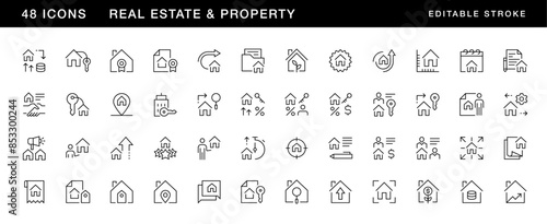 Real estate icon collection. Property icon set. Property, relator, rent agreement, house loan, house rent, rent cost, discount and more. Editable stroke. Pixel Perfect. Grid base 32 x 32.