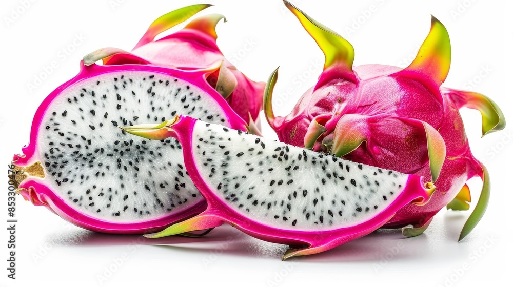 Dragon fruit whole and slice isolated on white wallpaper background
Dragon fruit whole and slice isolated on white wallpaper background