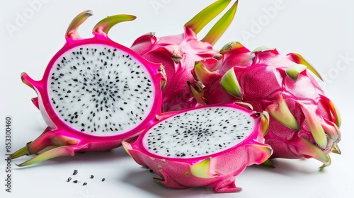 Dragon fruit whole and slice isolated on white wallpaper background 