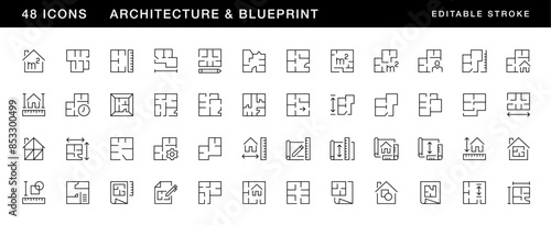 Architecture icon collection. Blueprint icon set. Planning, scheme, dimension, project, measurement, floor plan and more. Editable stroke. Pixel Perfect. Grid base 32 x 32.