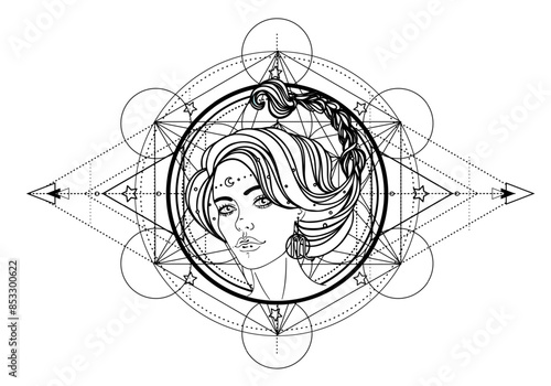 Wallpaper Mural Illustration of Scorpio astrology sign as a beautiful girl over sacred geometry frame. Zodiac vector drawing isolated in black and white. Future telling, horoscope, spirituality. Coloring book. Torontodigital.ca