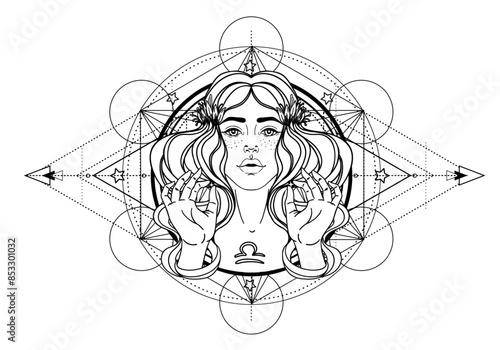 Illustration of Libra astrological sign as a beautiful girl over sacred geometry frame. Zodiac vector drawing isolated in black and white. Future telling, horoscope, spirituality. Coloring book.