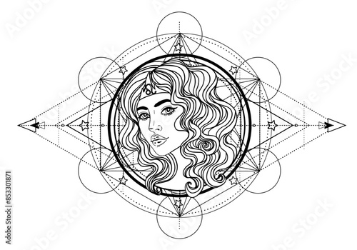 Illustration of Leo astrological sign as a beautiful girl over sacred geometry frame. Zodiac vector drawing isolated in black and white. Future telling, horoscope, spirituality. Coloring book.