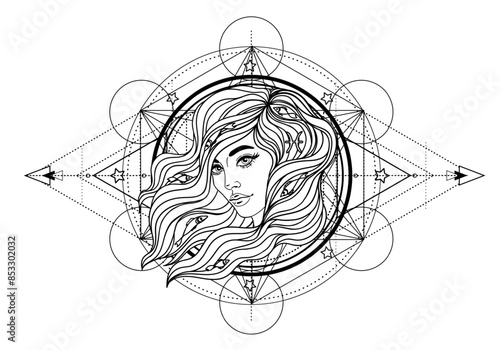 Illustration of Pisces astrology sign as a beautiful girl over sacred geometry frame. Zodiac vector drawing isolated in black and white. Future telling, horoscope, spirituality. Coloring book.