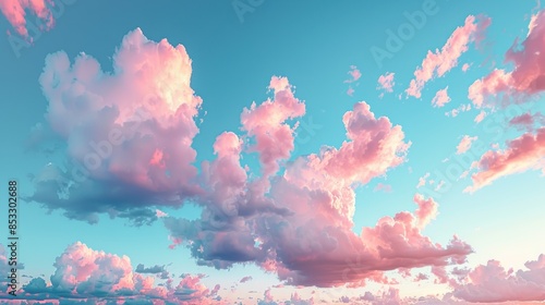 Beautiful background image of a romantic blue sky with soft fluffy pink clouds. Panoramic natural view of a dreamy sky. AI generated